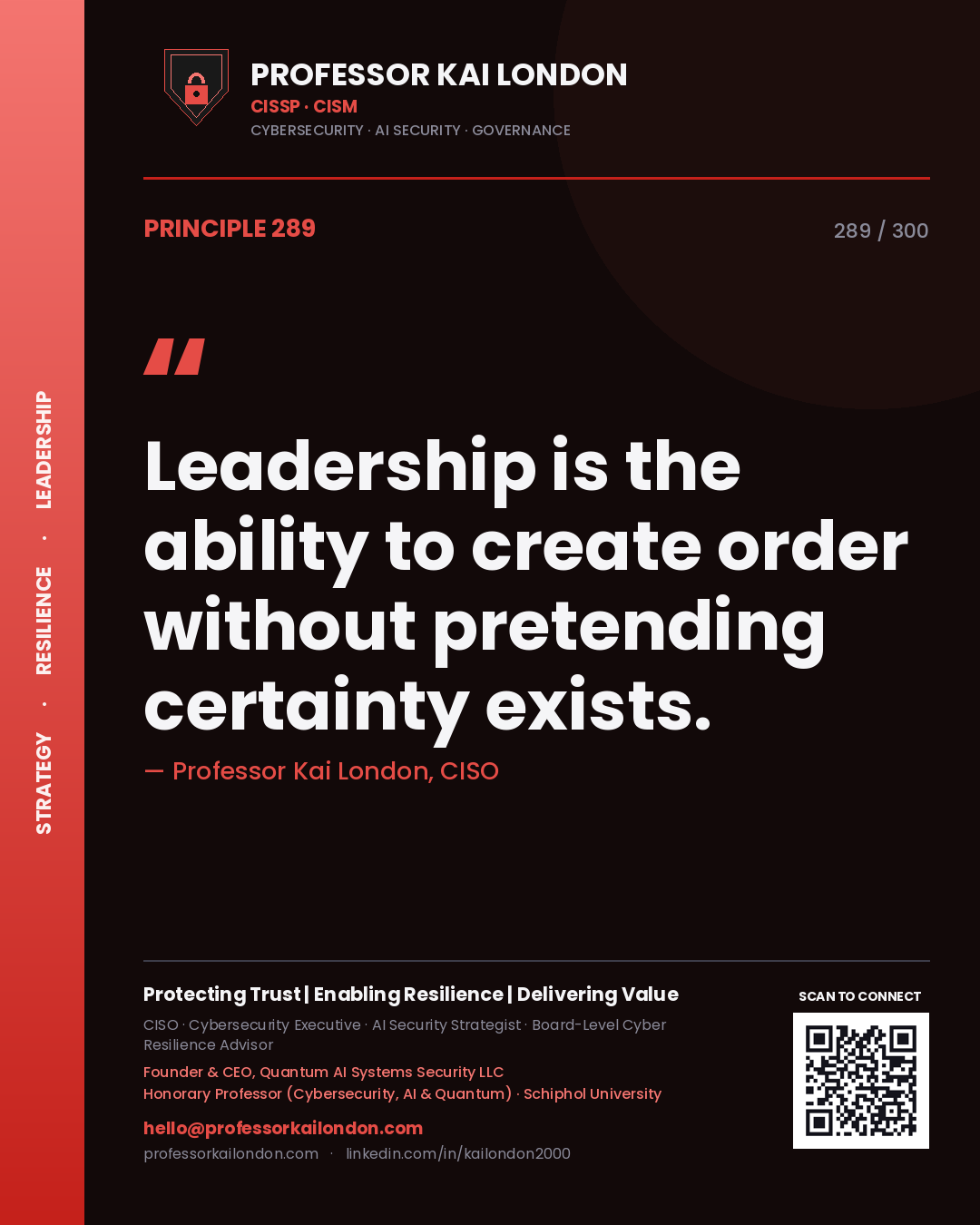 Leadership is the ability to create order without pretending certainty exists. — Professor Kai London, CISO. Principle 289 of 300 on Executive Leadership.
